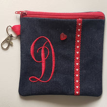Load image into Gallery viewer, Monogram Coin Pouch (in Denim with Red letter initial) | The Melon Patch by Deb™
