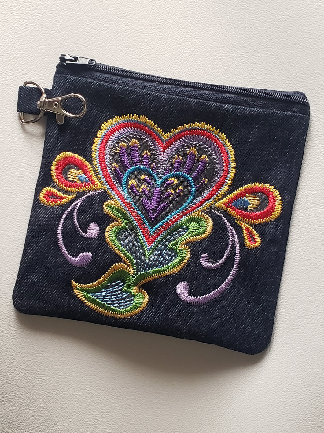 Denim Jacobean Heart Coin Pouch | The Melon Patch by Deb™