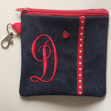 Load image into Gallery viewer, Monogram Coin Pouch  (in Denim with Red letter initial) | The Melon Patch by Deb™
