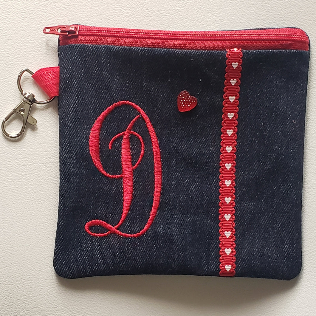 Monogram Coin Pouch (in Denim with Red letter initial) | The Melon Patch by Deb™